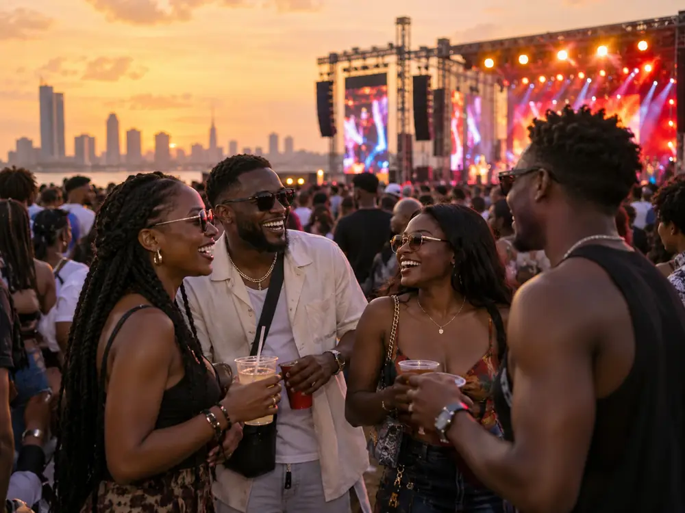 Friends laughing together at a sunset concert in a city on the water